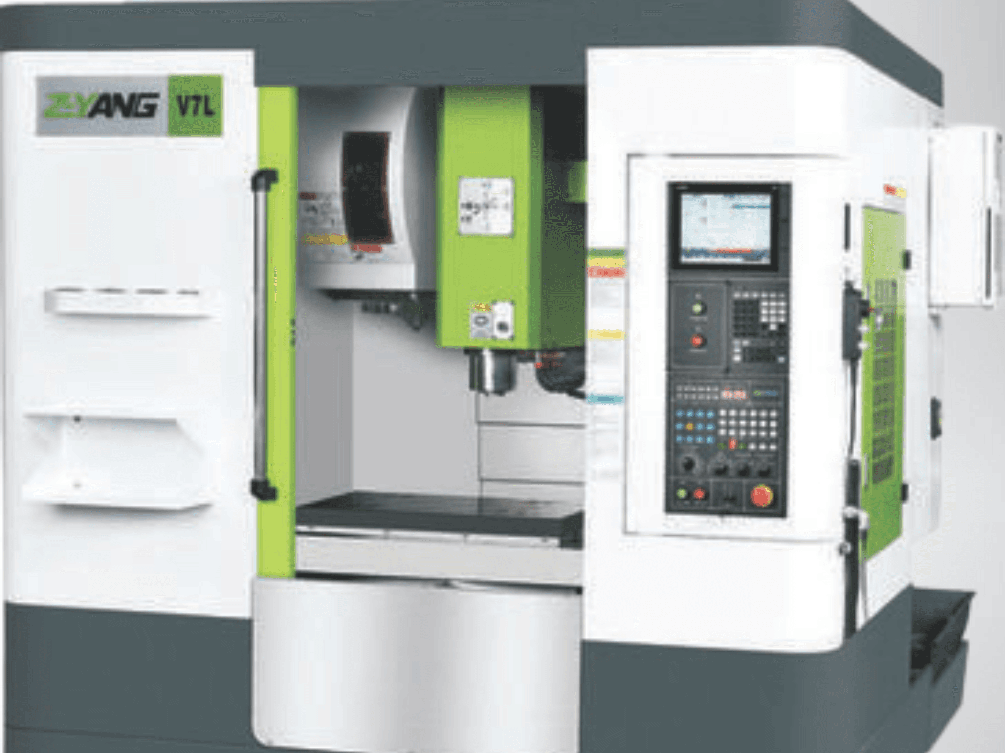 Z-YANG V7L Vertical Machining Centre, front view showing control panel, work area, and distinctive green and white design.