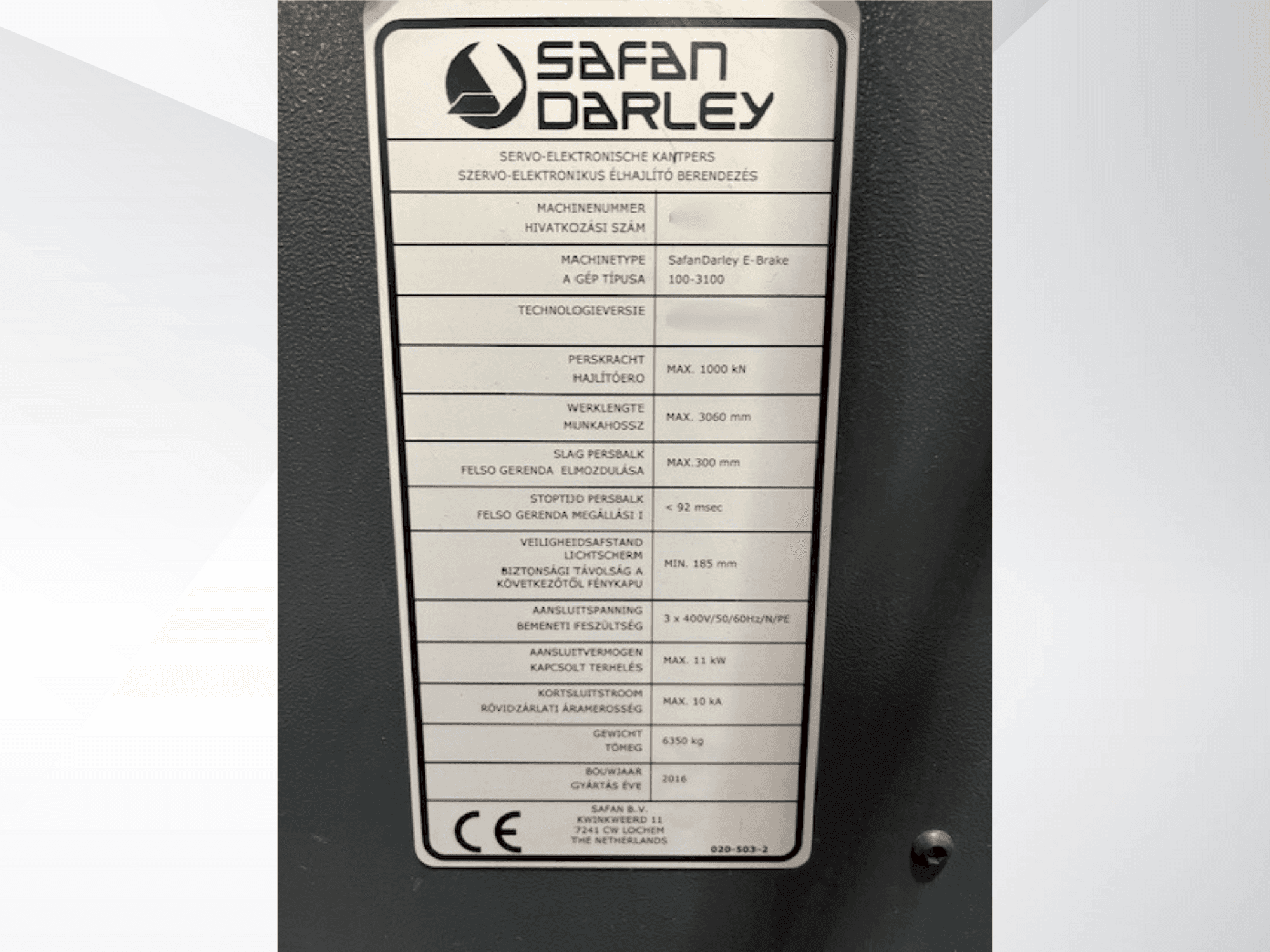 Front view of Safan E Brake 100 3100 machine
